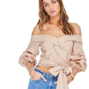 NWT ASTR The Label Blush & White Striped Off Shoulder Wrap Tie Puff Sleeve Top